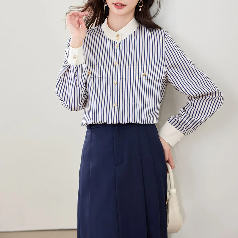 立领条纹长袖开衫上衣简约百搭衬衫女501-017