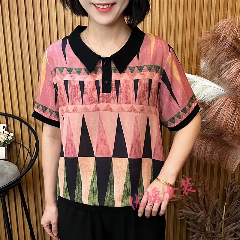 妈妈装夏季薄款三角形几何图翻领宽松显瘦中老年女装短袖上衣A808