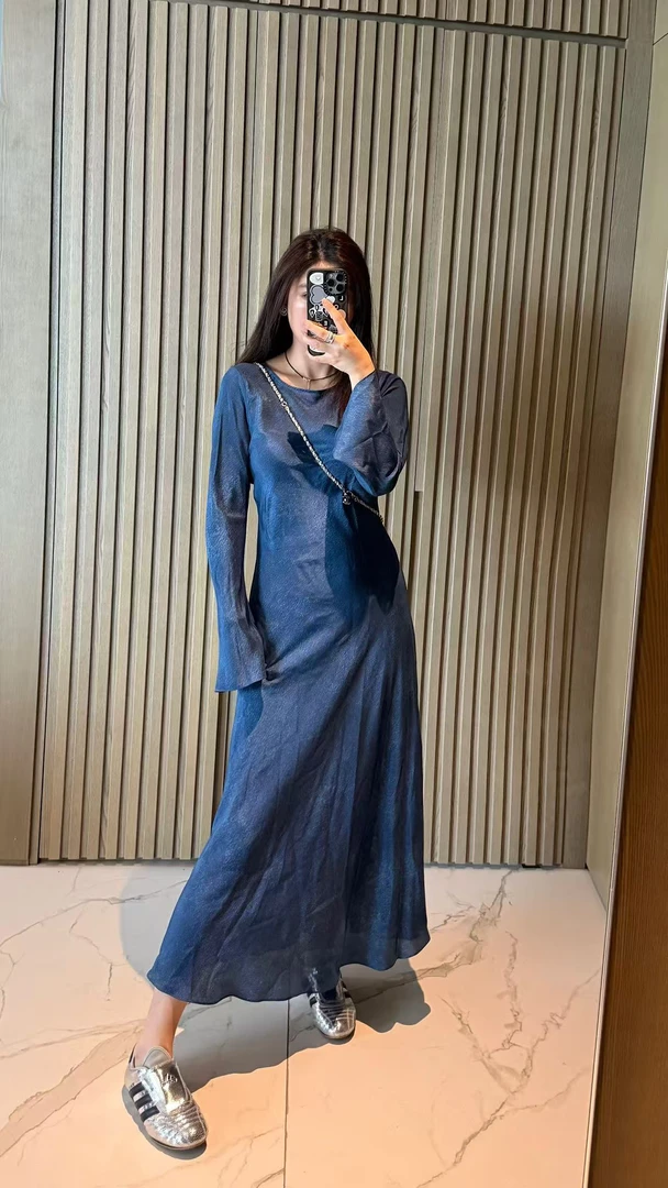 Amarilli 气质喇叭袖真丝收腰度假包臀鱼尾长裙蓝