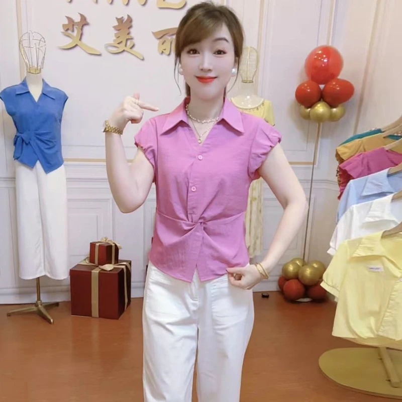 交叉扭结时尚简约短袖衬衫女2025年夏季新款遮肚显瘦设计感上衣潮