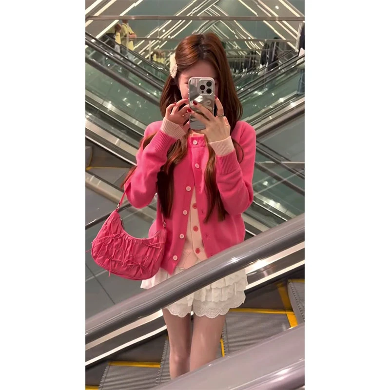 2025秋季圆领撞色显瘦百搭小众针织假两件上衣设计感百搭气质短裙