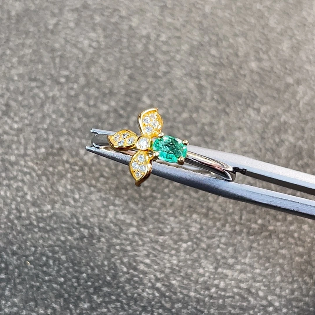 戒指银S925镀金镶嵌祖母绿