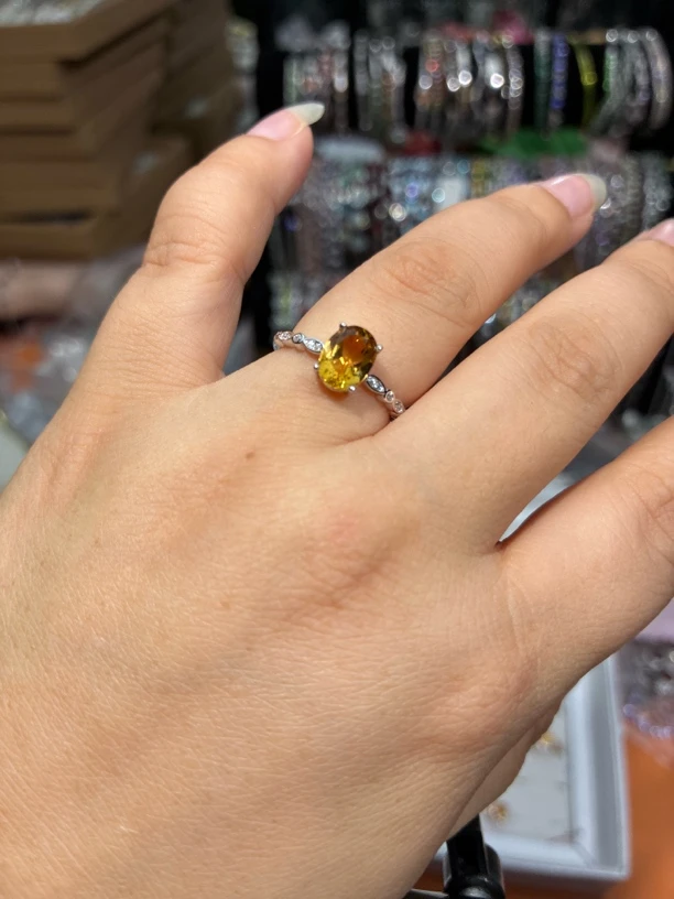 天然宝石黄晶S925银戒指黄水晶支持复检闪闪发光女戒好看百搭
