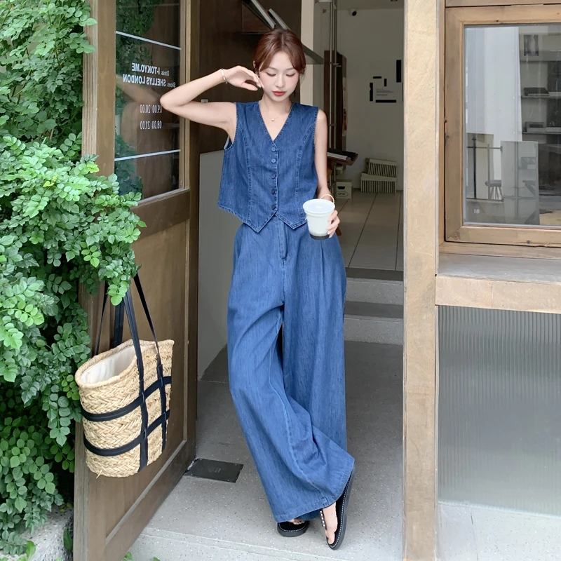 高级感复古牛仔套装女2025夏季新款气质V领马甲休闲阔腿裤两件套