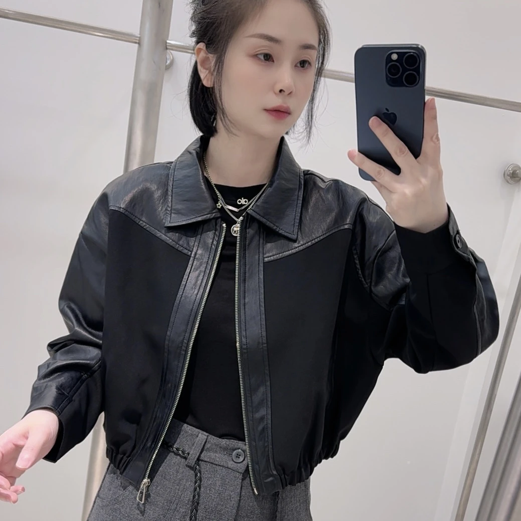 【6621】秋季女士翻领拼接皮外套INS风宽松型长袖短外套保暖极简风