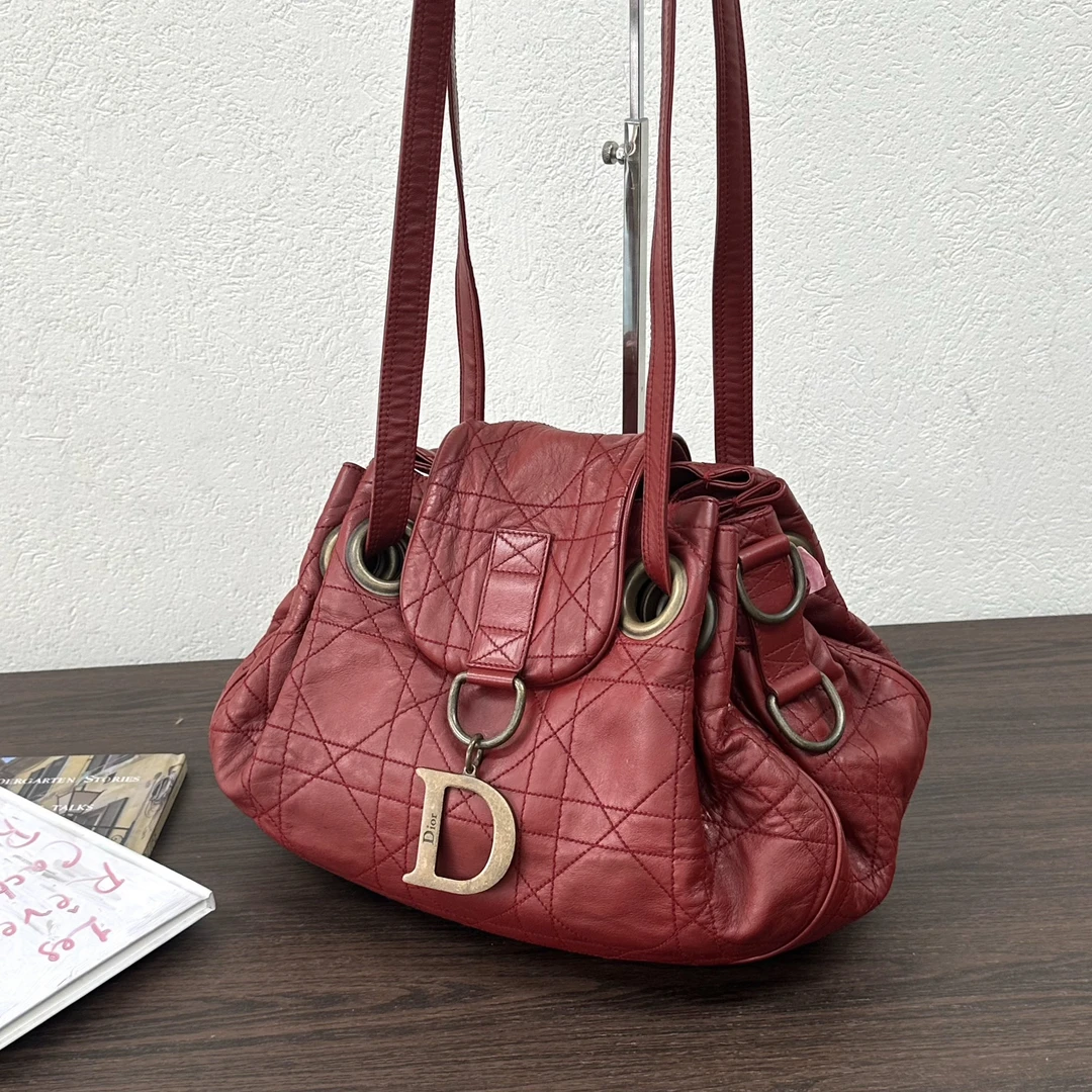90新 DIOR/迪奥 勃艮第红D扣戴妃南瓜元宝单肩包 118764