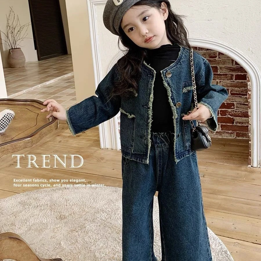 女童牛仔套装新款儿童春秋款复古牛仔外套阔腿裤女宝宝洋气两件套