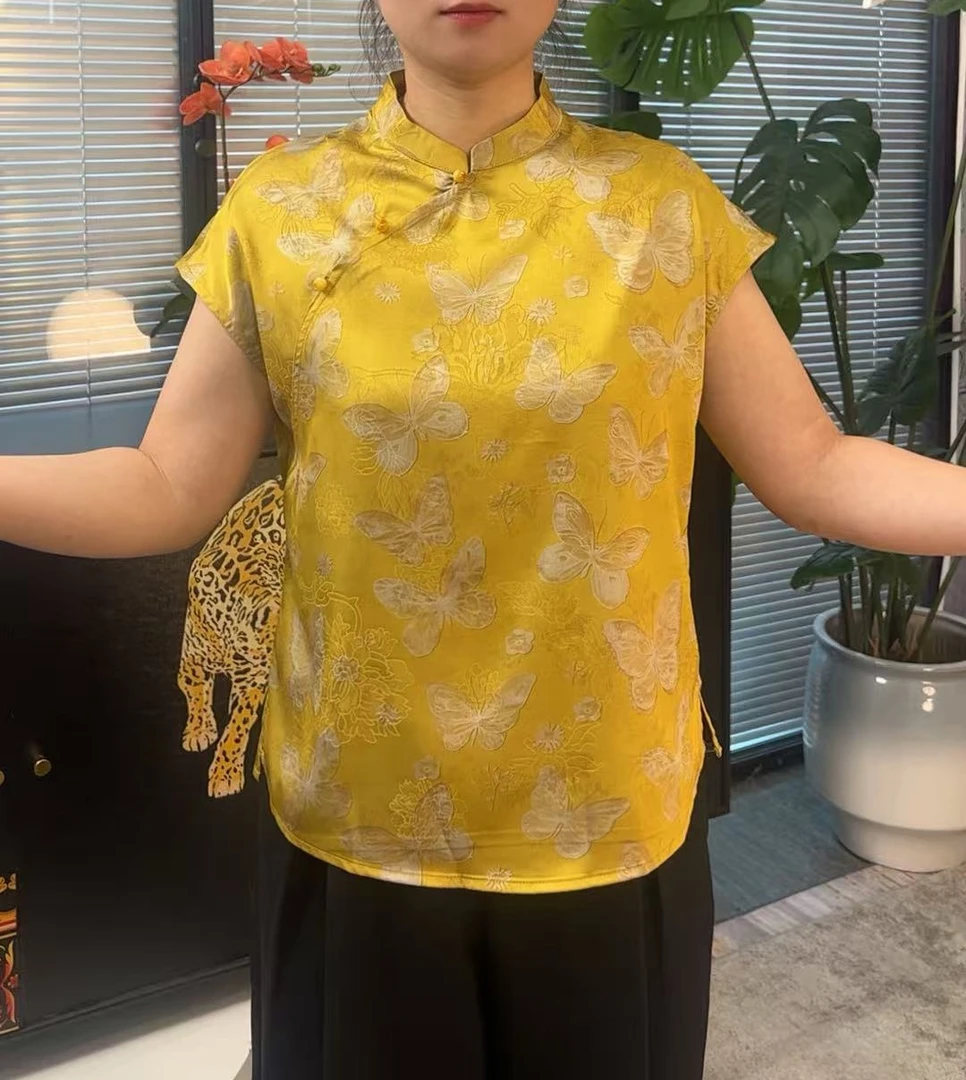 8818新中式复古蝴蝶短袖古法轻奢香云纱