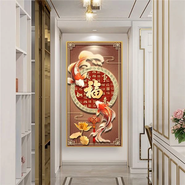 《锦鲤聚财》玄关挂墙装饰画现代过道走廊轻奢-晶瓷镶钻带灯XG97