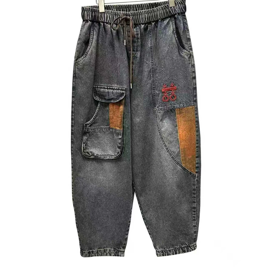 秋季新款25036大码女装哈伦裤刺绣做旧宽松遮肉百搭舒适牛仔裤