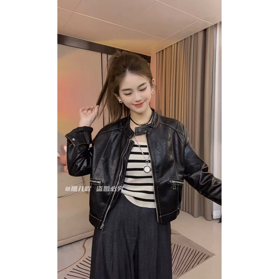 黑色皮衣女款2025新款春秋短款环保蛋白皮高级复古翻领机车皮夹克