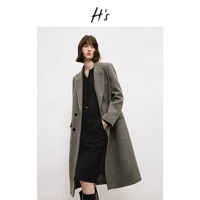 HS经典廓形西装大衣冬季全羊毛斜纹呢料舒适毛呢外套