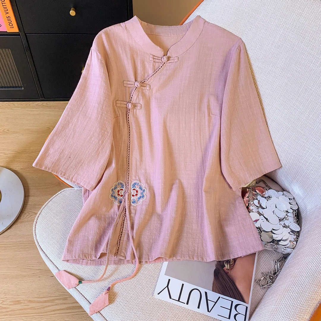 夏季棉麻对称小团花飘绳立领斜盘扣中袖女中国风复古茶服衬衫