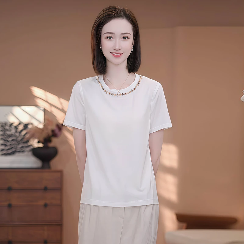 小个子韩系简约圆领短袖t恤女2025年夏季新款休闲减龄正肩上衣潮