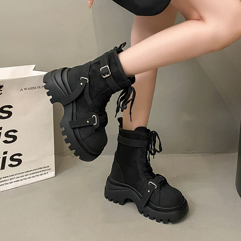 厚底增高超火大头马丁靴女2025新款秋冬爆款牛仔短靴工装机车靴子