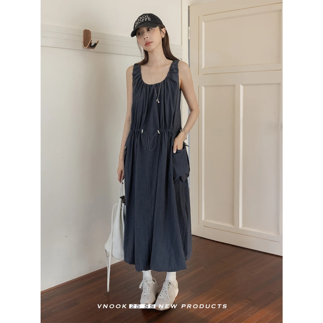 vnook天丝棉U领背心连衣裙夏季纯色2025新款休闲垂感云朵裙摆裙子