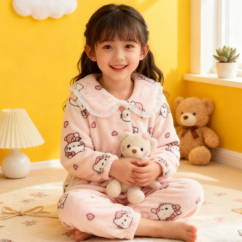女童加厚睡衣法兰绒冬款女孩卡通风新款学生冬季珊瑚绒少女家居服