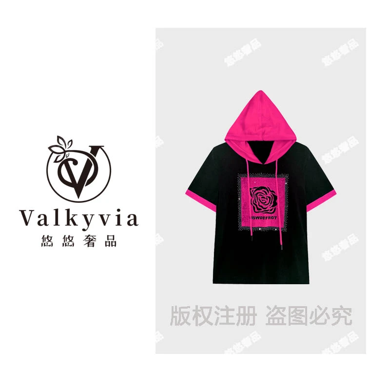 【Valkyvia/悠悠奢品】烫钻山茶花字母连帽短袖T恤T4151