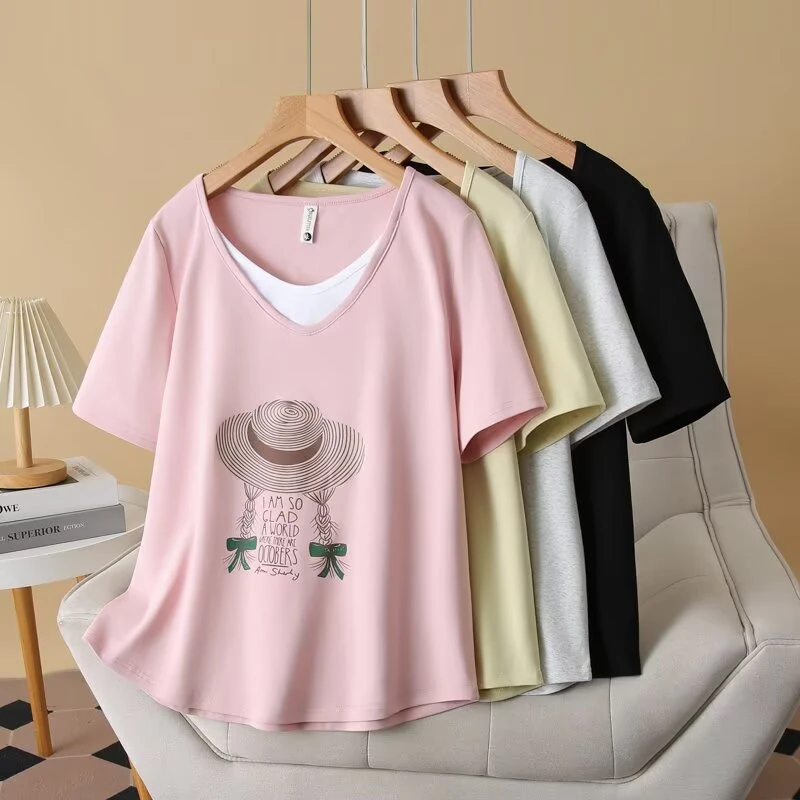 JIANAOBEN/简澳本夏季新款大码女装宽松时尚印花假两件短袖T恤衫