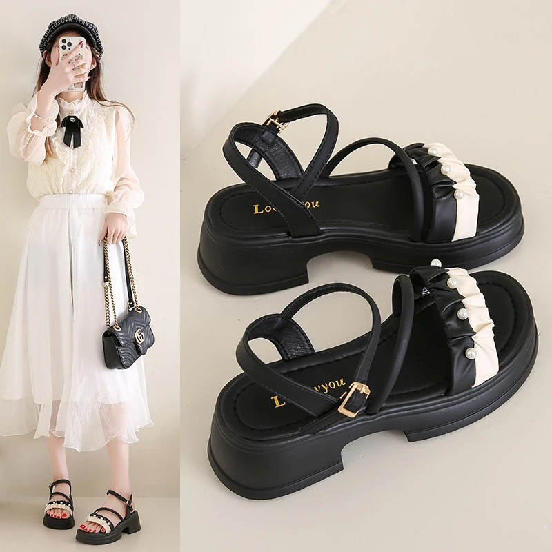 凉鞋女外穿2025夏季新款洋气百搭配裙子厚底仙女风粗跟一字式扣带