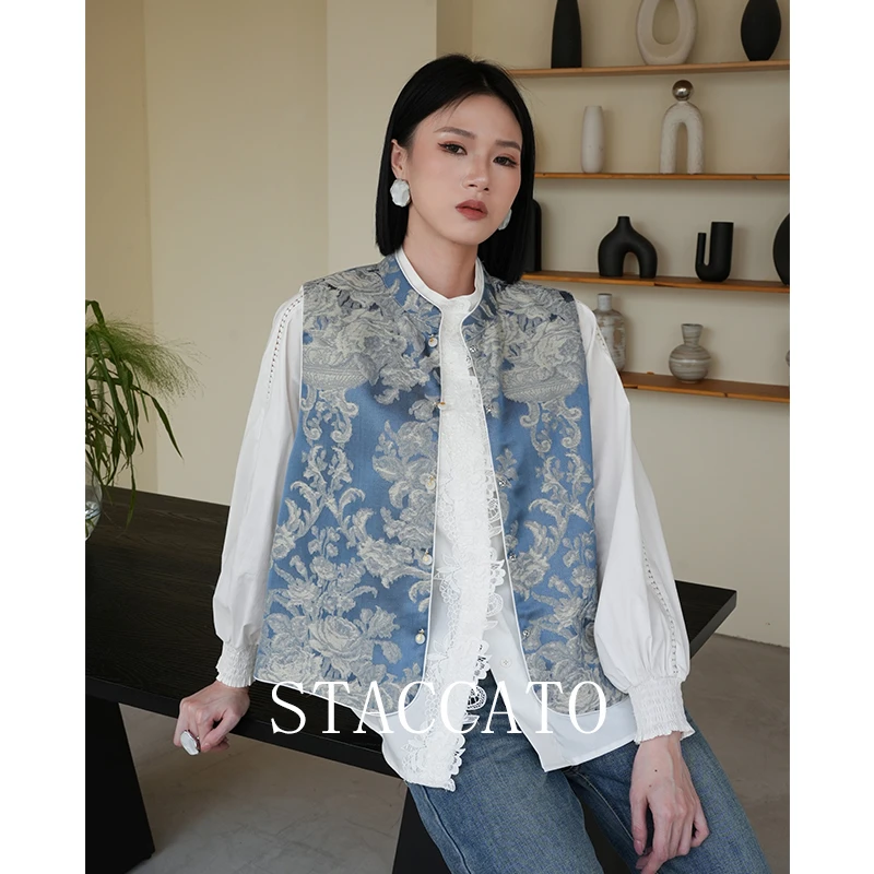 STACCATO春季新款真丝国风马甲复古新中式小立领两穿刺绣提花玉扣