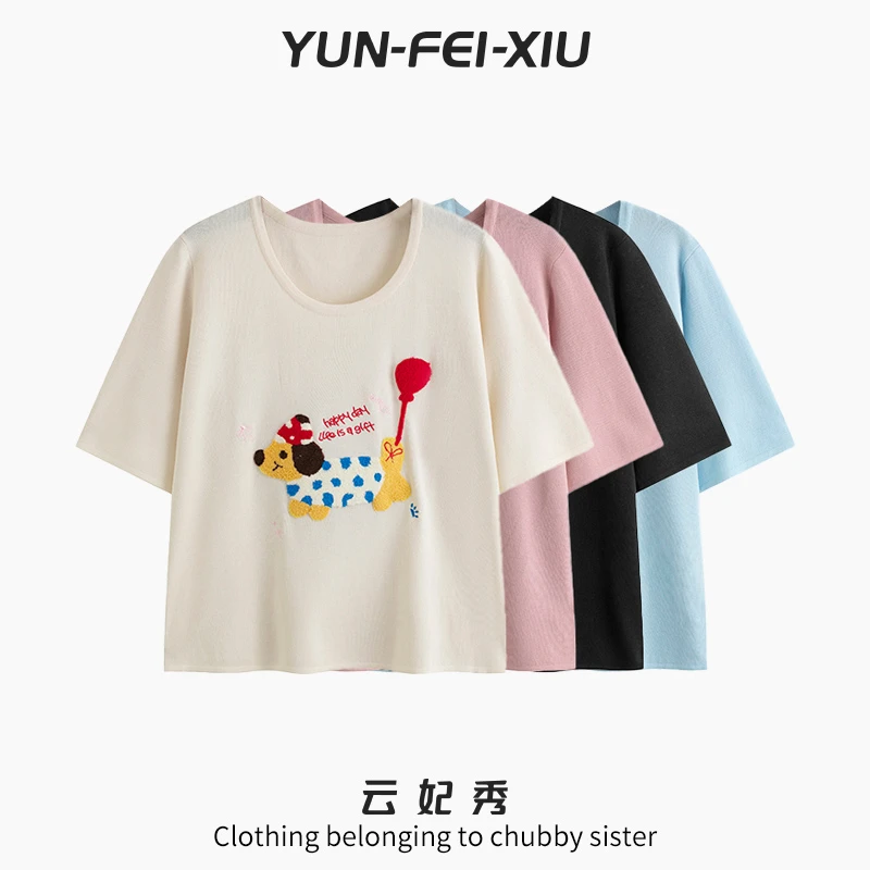 云妃秀大码女装针织衫圆领小狗刺绣短袖微胖显瘦减龄时尚夏22835