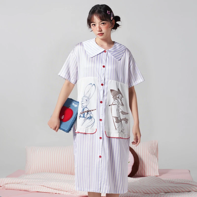 Disney/迪士尼短袖睡裙女春夏款条纹冰丝质感可外出家居服