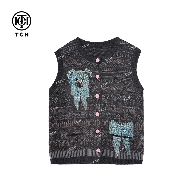 私服-TCH潮牌24秋冬新款蝴蝶结小熊烫钻针织马甲T72C01E5019