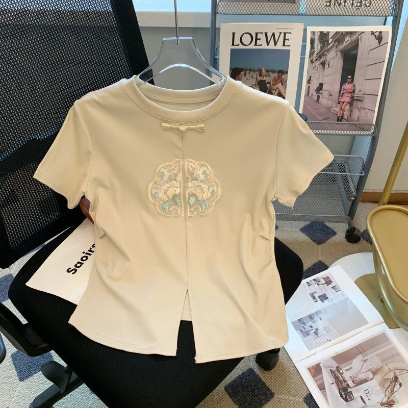 甜美小清新夏季新中式风纯棉短袖t恤女设计感开叉收腰百搭上衣潮