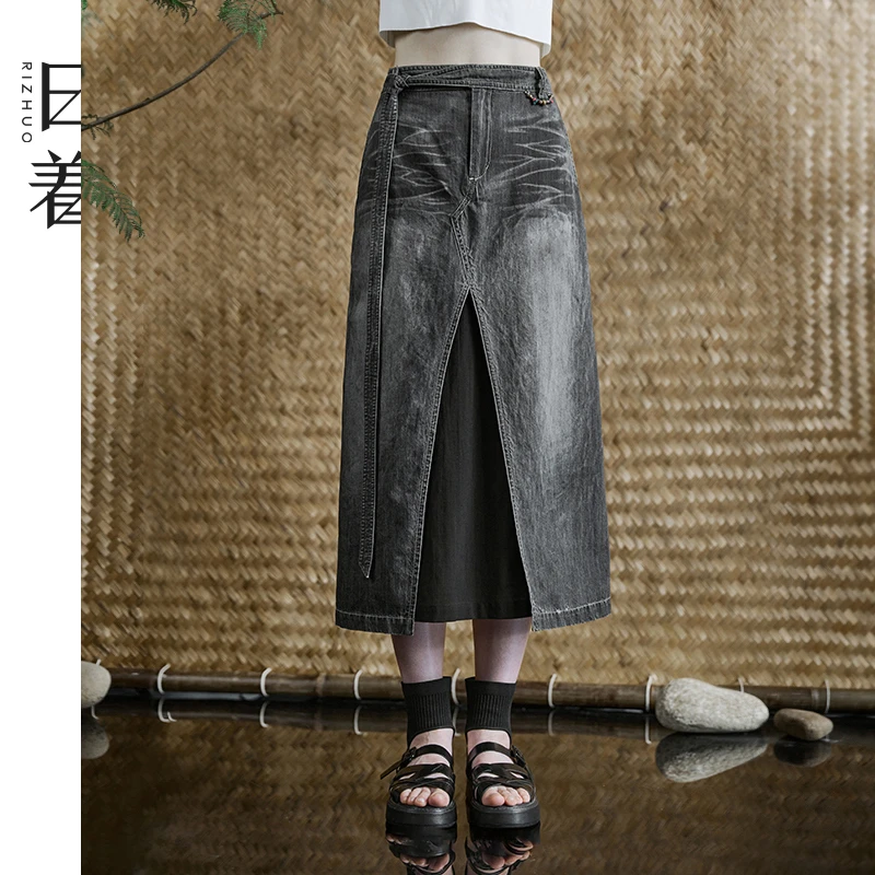 日着原创女装2025春季新款高腰复古显瘦中长款a字牛仔裙RD1113Q0