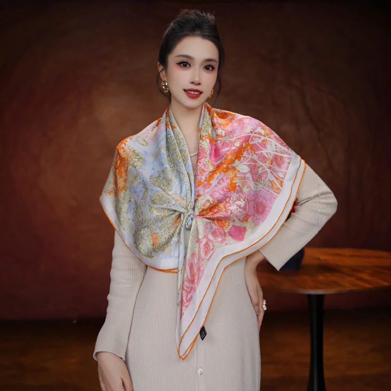 达芬奇密码秋冬新款100%桑蚕丝方巾礼物流光风长辈礼盒装热带雨林