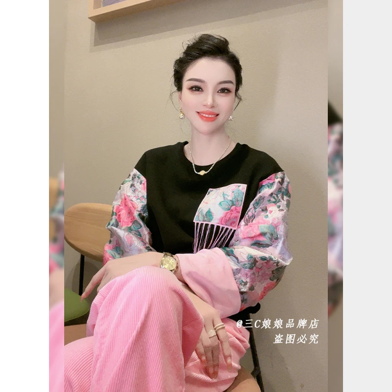 宸嫚三C娘娘896103新中式国风时尚圆领重工长袖设计感卫衣春秋ins