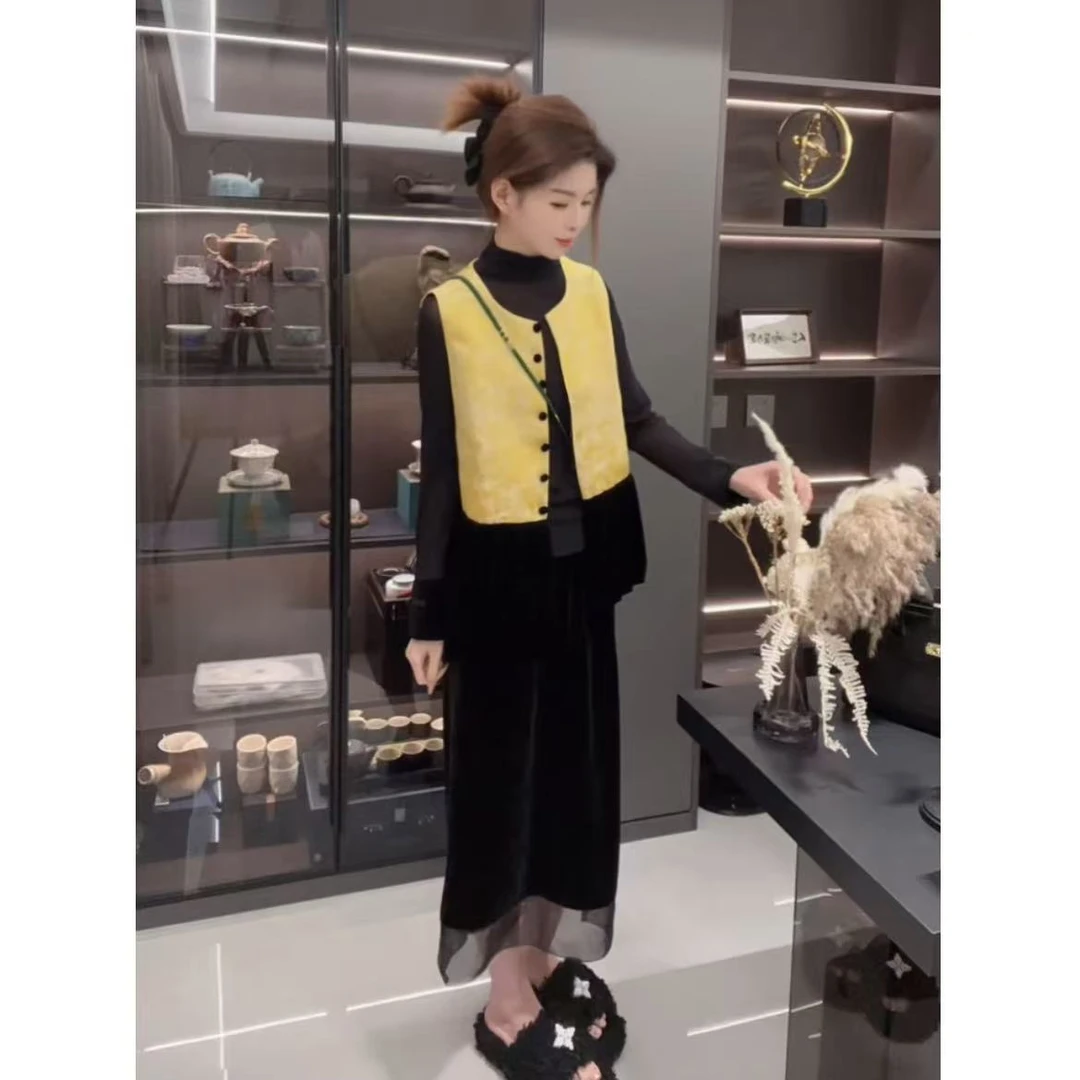 高档新中式提花缎面丝绒马甲女