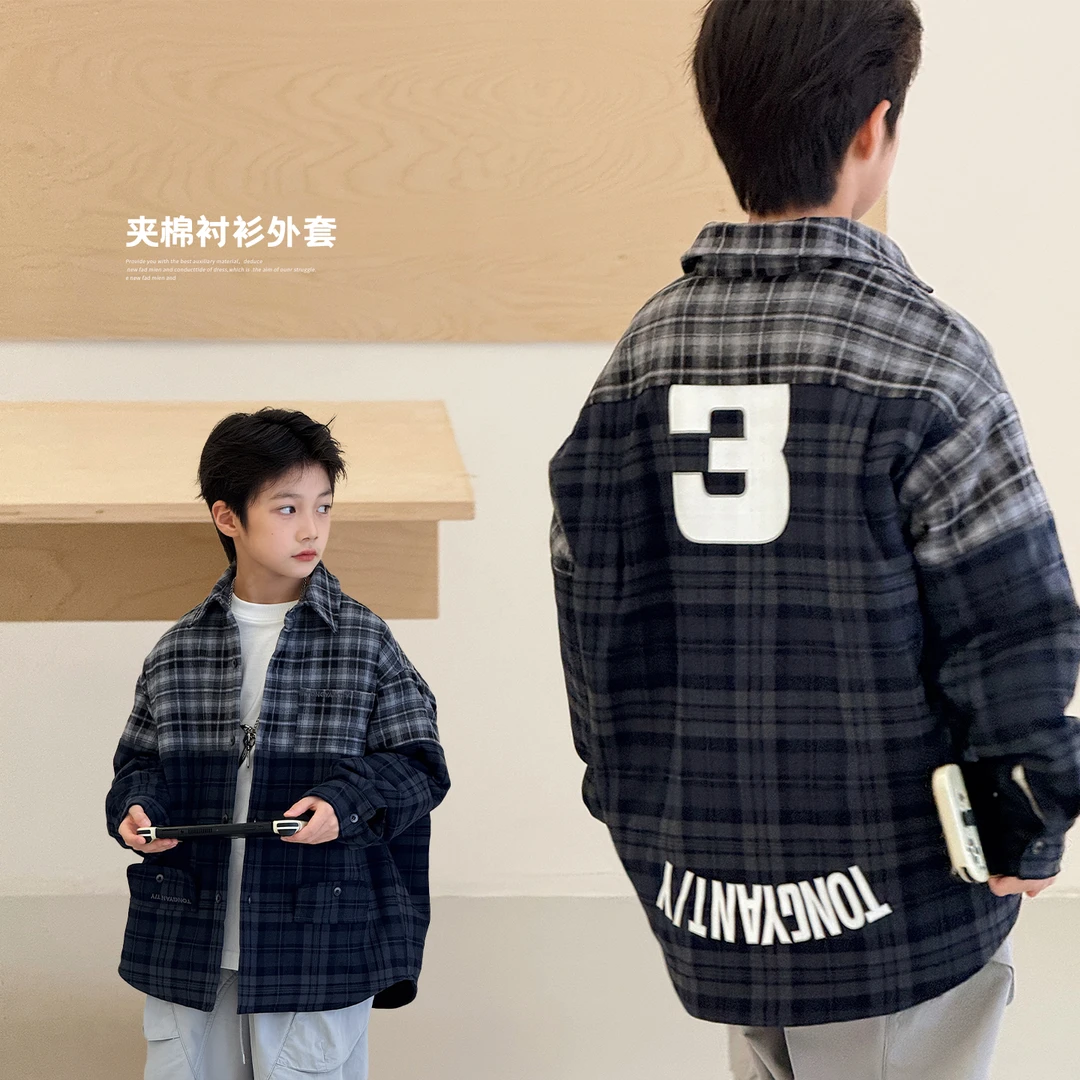 男童夹棉衬衫外套冬装新款韩版上衣拼色格子儿童衬衣棉服潮AB1126
