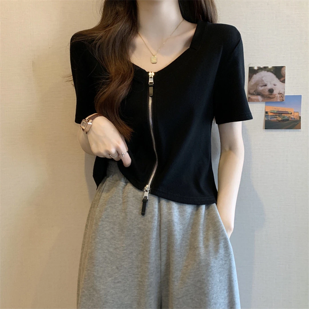 大码女装遮肚短款双拉链T恤打底衫夏胖妹妹法式显瘦正肩短袖上衣