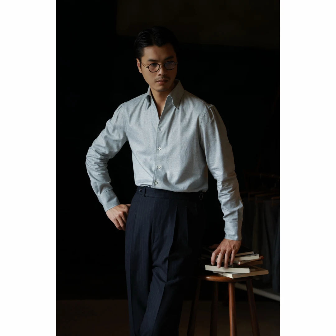 UGENTLE男装 云染 绒感「陨石灰麦穗纹」意式复古一片领 长袖衬衫