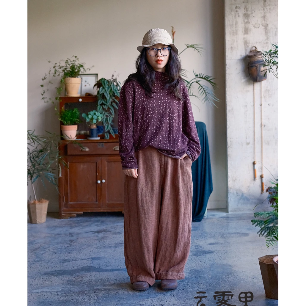 云雾里 6041#亚麻粗织休闲慵懒风宽松原创长裤松紧腰秋季
