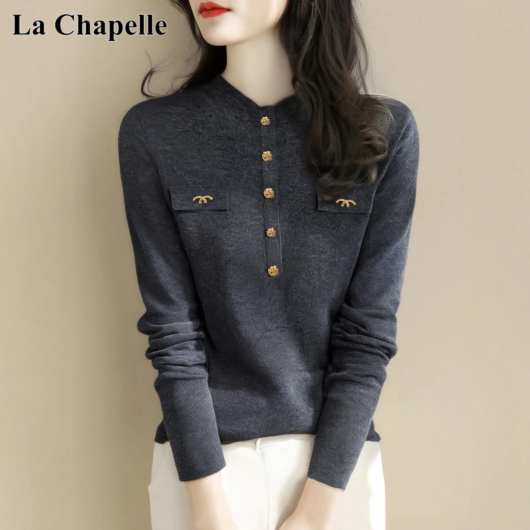 拉夏贝尔高级感半高领长袖针织衫上衣女秋冬新款修身显瘦打底毛衣