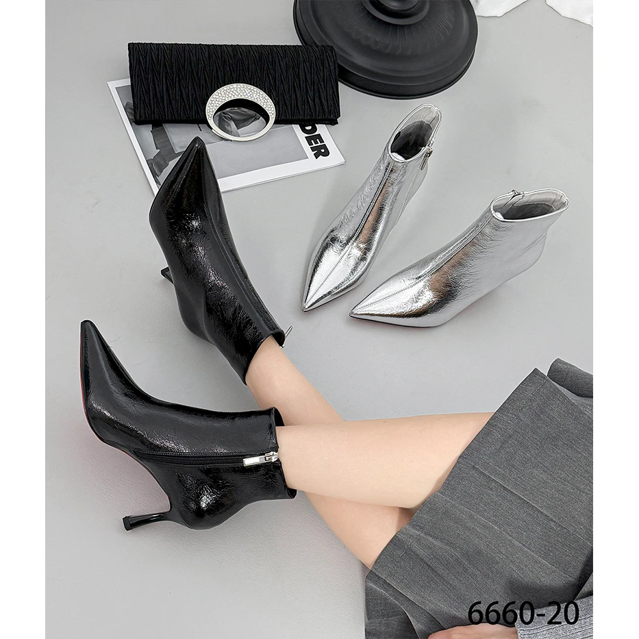 尖头细跟短靴女2025秋冬新款高跟气质百搭时尚中跟时装靴6660-20