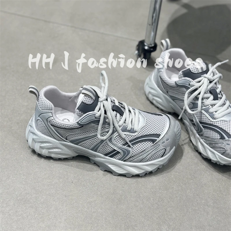 真皮网面老爹鞋女2025春夏新款韩版厚底轻便百搭运动鞋学院慢跑鞋