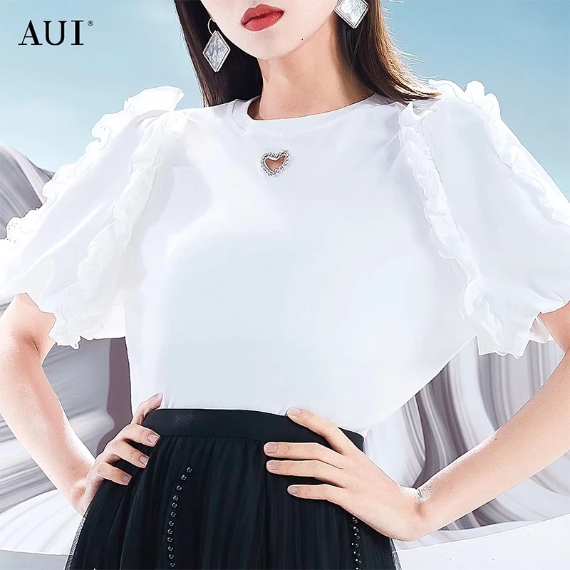 【AUI】AUI白色高级感泡泡袖T恤女2024夏新款LD-22D130385