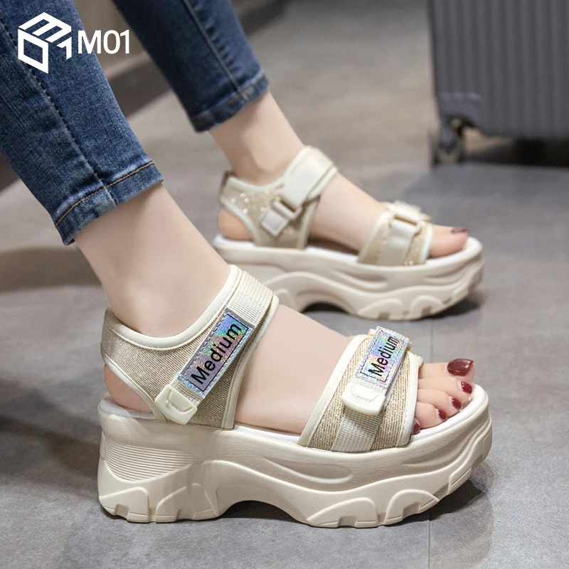 M01老爹凉鞋女2025年夏季百搭厚底松糕鞋高跟软底增高运动小码33