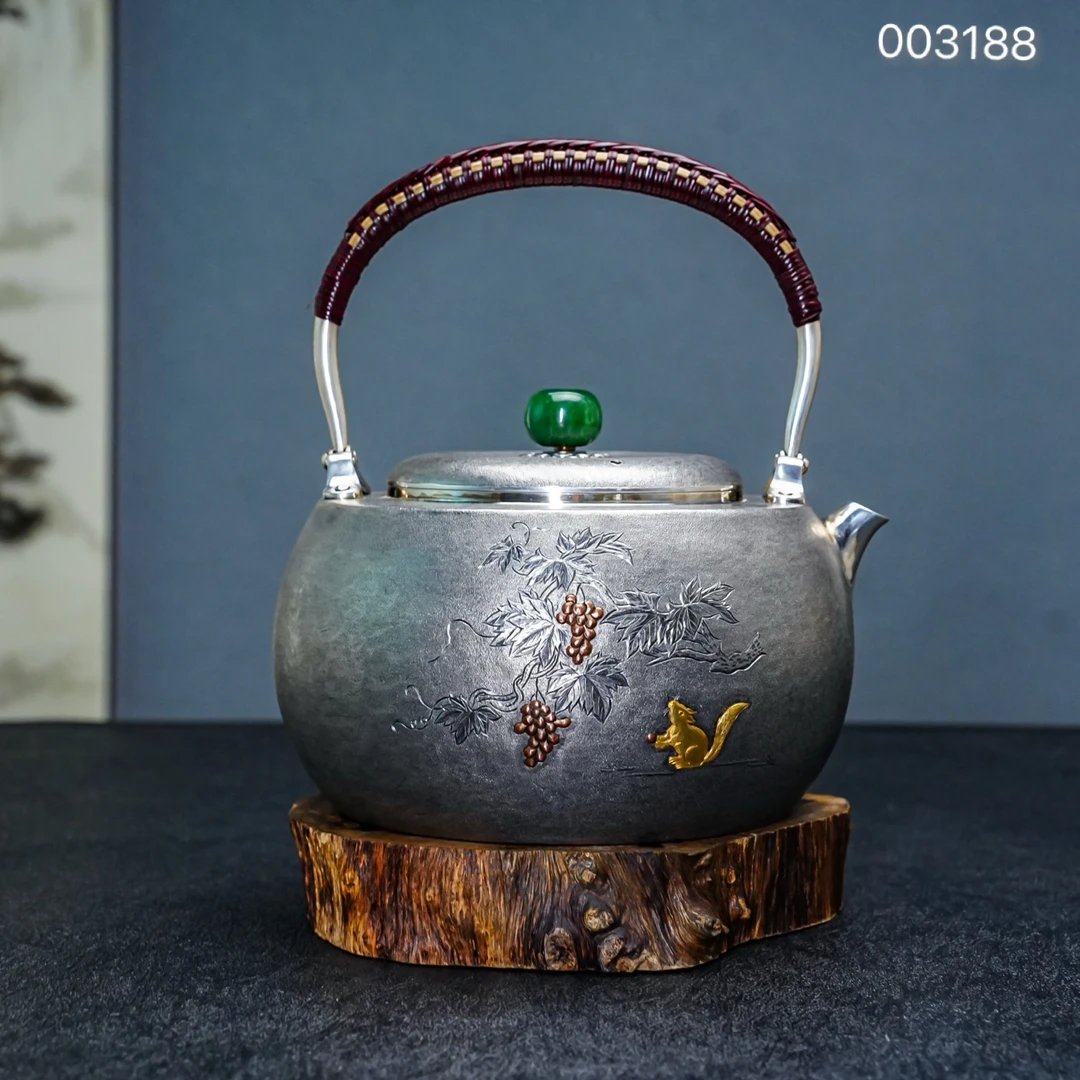 【慕雨手作】纯手工一张打鼠运亨通嵌金烧水壶家用银壶足银999银茶