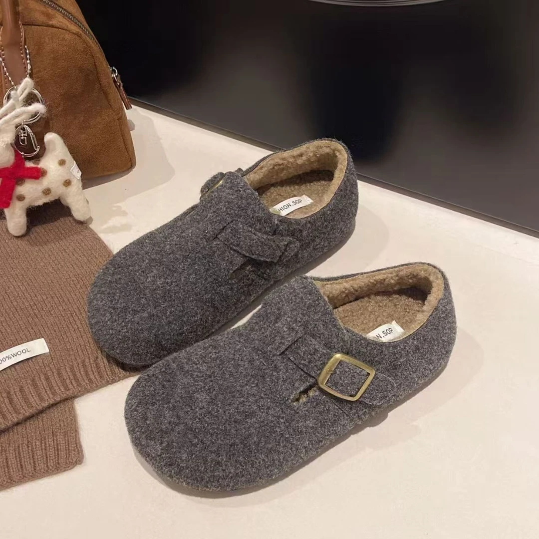 【有运费险】复古呢子秋冬加绒2025勃肯保暖新款毛毛圆头绒毛棉鞋wz