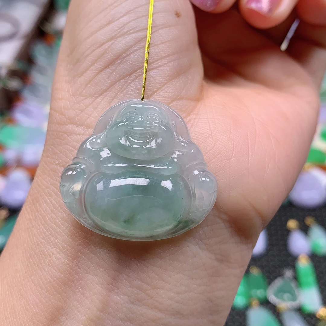 缅甸天然A货翡翠，冰飘花佛公 编号148/1104尺寸28.7-31.7-6.4