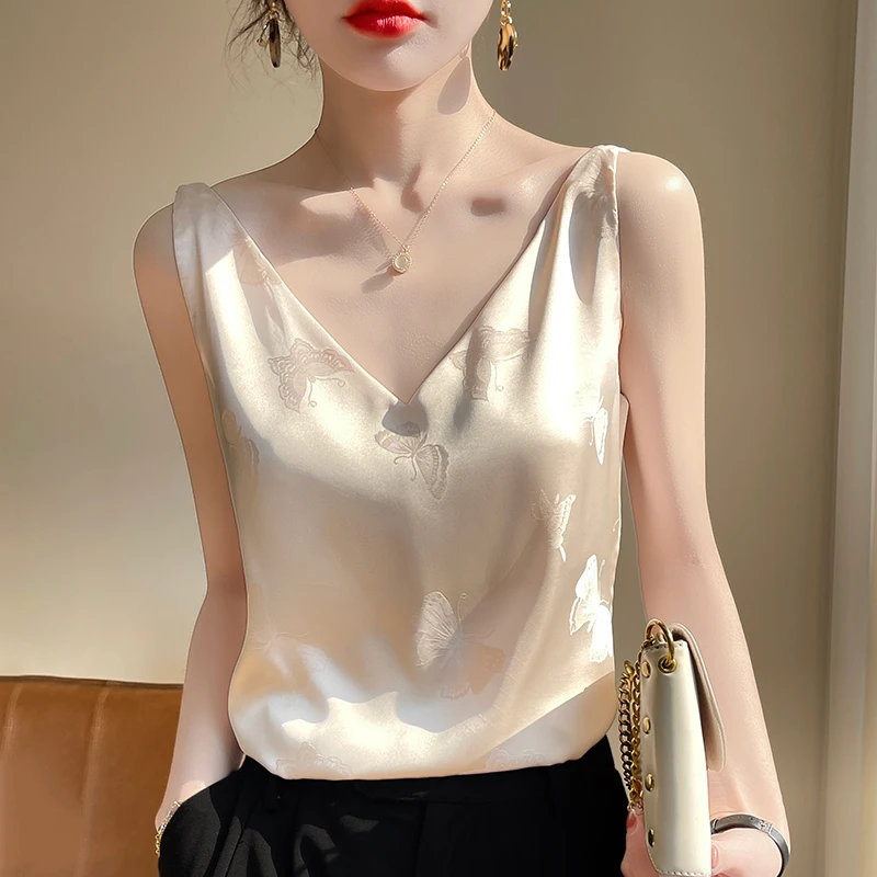 【现货宠粉】新款吊带背心女V领醋酸缎面无袖小众法式奶芙打底上衣