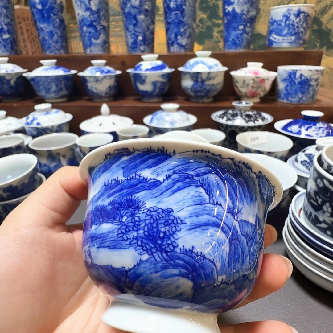 泥塑山水盖碗手工手绘