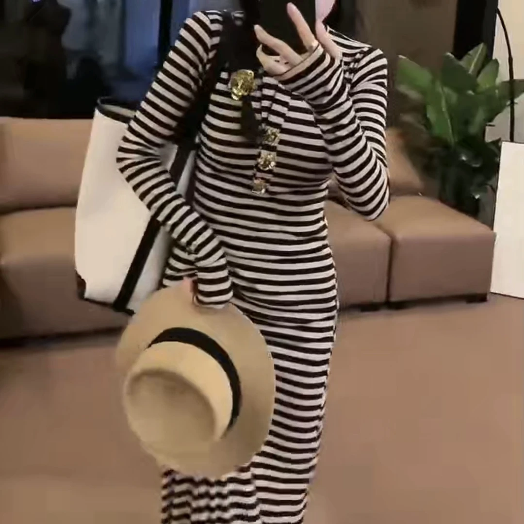 【OS&one show】2025早秋新款条纹系列长袖显瘦连衣长裙