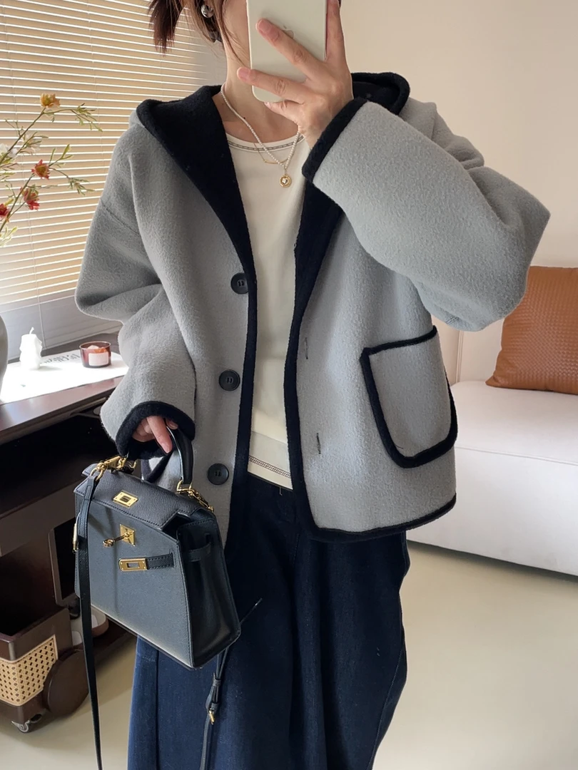 【自由切换】秋冬韩版双面两穿加厚外套通勤撞色拼接休闲连帽显瘦