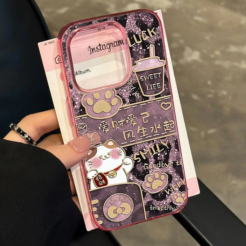 平面豹纹招财猫适用iphone16/15p/14promax苹果11手机壳13软胶12